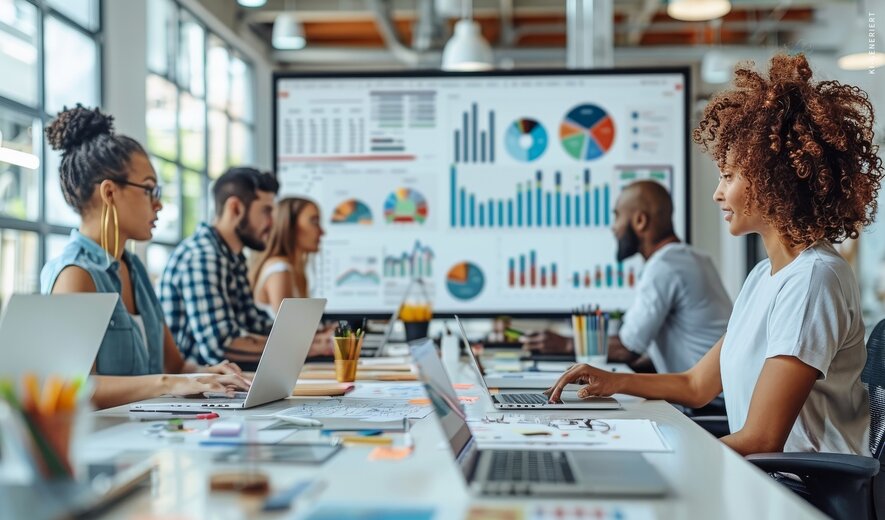 Teammeeting im modernen Büro mit Laptops, große Daten- und Diagrammvisualisierung auf Bildschirm im Hintergrund